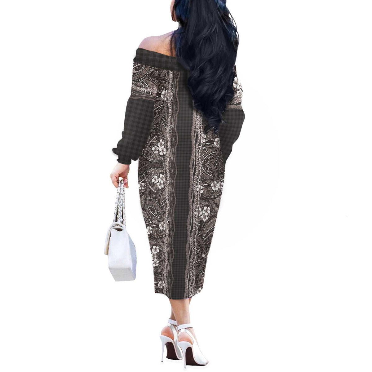 Hawaiian Art Flower Tribal with Lei Off The Shoulder Long Sleeve Dress Palaka Pattern Grayscale - Polynesian Pride