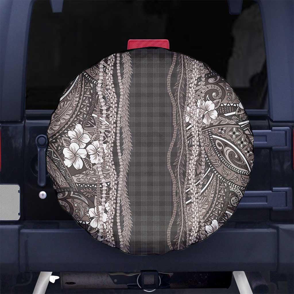 Hawaiian Art Flower Tribal with Lei Spare Tire Cover Palaka Pattern Grayscale - Polynesian Pride