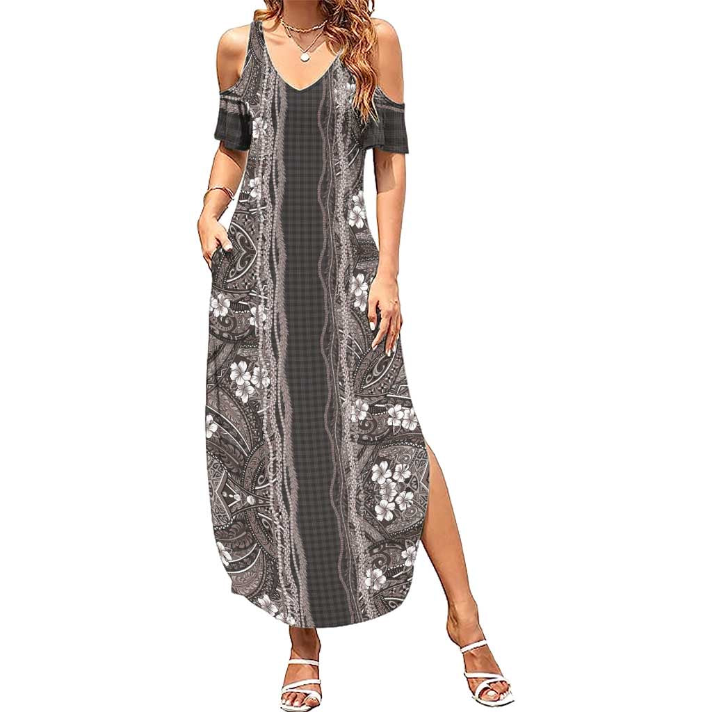 Hawaiian Art Flower Tribal with Lei Summer Maxi Dress Palaka Pattern Grayscale - Polynesian Pride
