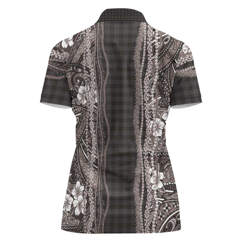 Hawaiian Art Flower Tribal with Lei Women Polo Shirt Palaka Pattern Grayscale - Polynesian Pride