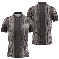 Hawaiian Art Flower Tribal with Lei Zipper Polo Shirt Palaka Pattern Grayscale - Polynesian Pride
