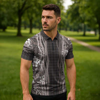 Hawaiian Art Flower Tribal with Lei Zipper Polo Shirt Palaka Pattern Grayscale - Polynesian Pride