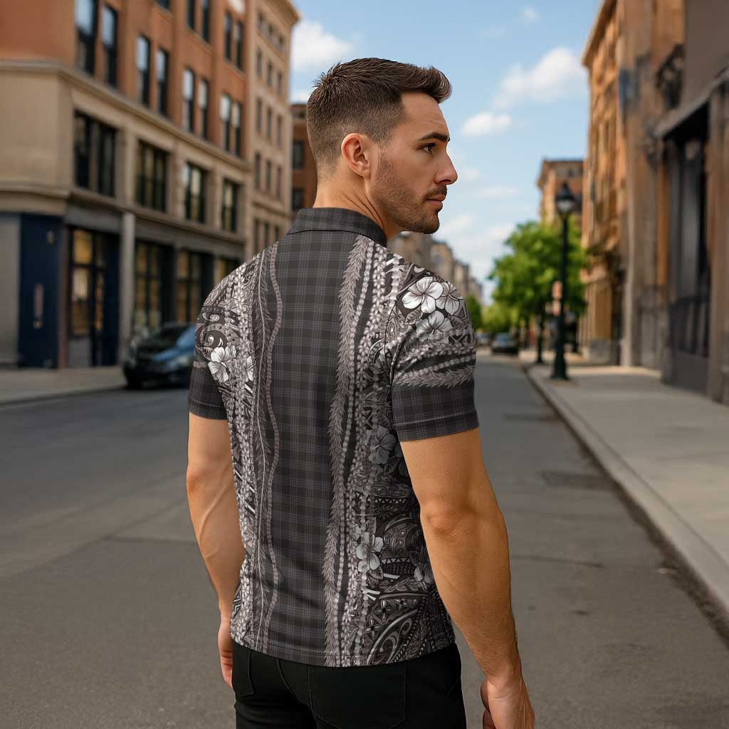Hawaiian Art Flower Tribal with Lei Zipper Polo Shirt Palaka Pattern Grayscale - Polynesian Pride
