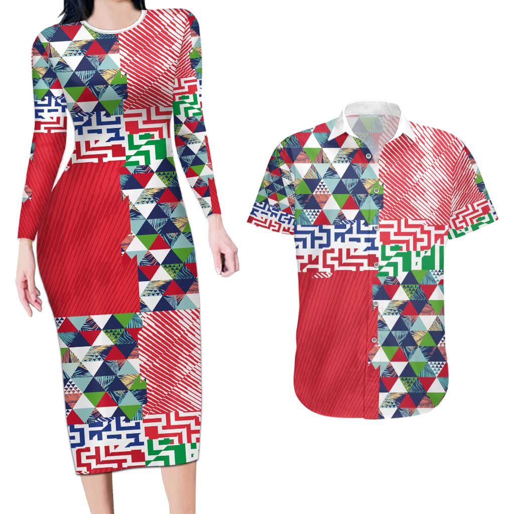 Hawaiian Floral Kakau Tropical Leaves-Sporty Style Couples Matching Long Sleeve Bodycon Dress and Hawaiian Shirt