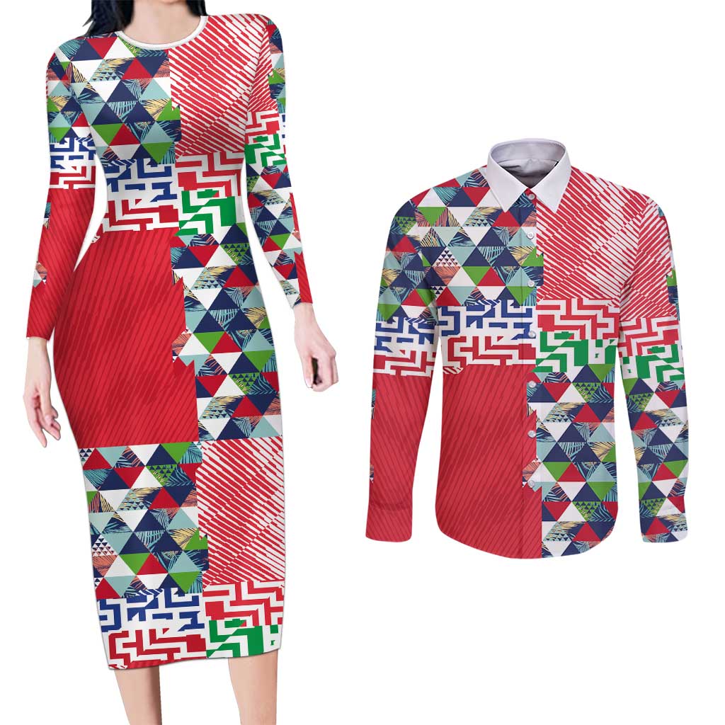 Hawaiian Floral Kakau Tropical Leaves-Sporty Style Couples Matching Long Sleeve Bodycon Dress and Long Sleeve Button Shirt