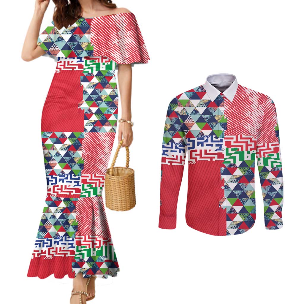 Hawaiian Floral Kakau Tropical Leaves-Sporty Style Couples Matching Mermaid Dress and Long Sleeve Button Shirt