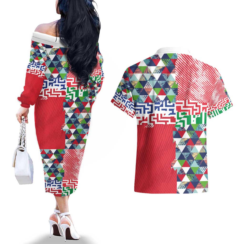 Hawaiian Floral Kakau Tropical Leaves-Sporty Style Couples Matching Off The Shoulder Long Sleeve Dress and Hawaiian Shirt