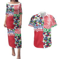 Hawaiian Floral Kakau Tropical Leaves-Sporty Style Couples Matching Puletasi and Hawaiian Shirt