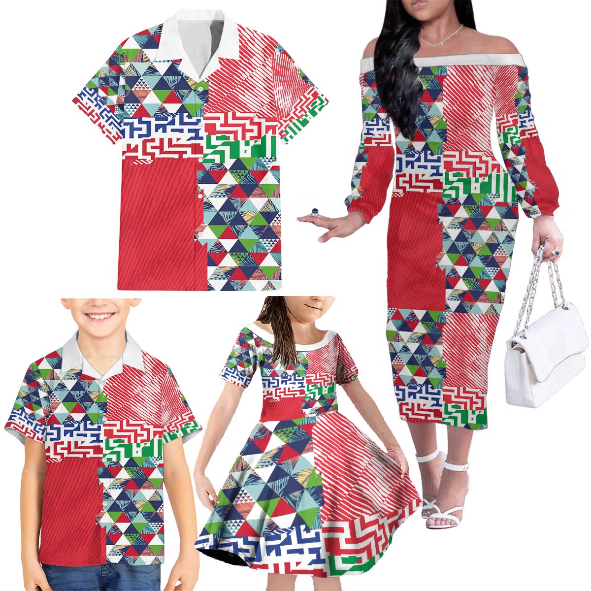 Hawaiian Floral Kakau Tropical Leaves-Sporty Style Family Matching Off The Shoulder Long Sleeve Dress and Hawaiian Shirt