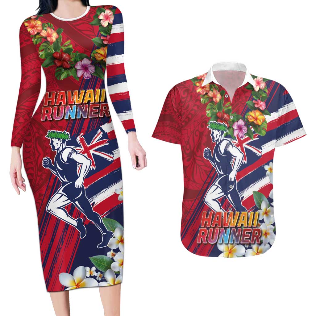 Hawaii Runner-Kakau Art with Lei and Plumeria Couples Matching Long Sleeve Bodycon Dress and Hawaiian Shirt
