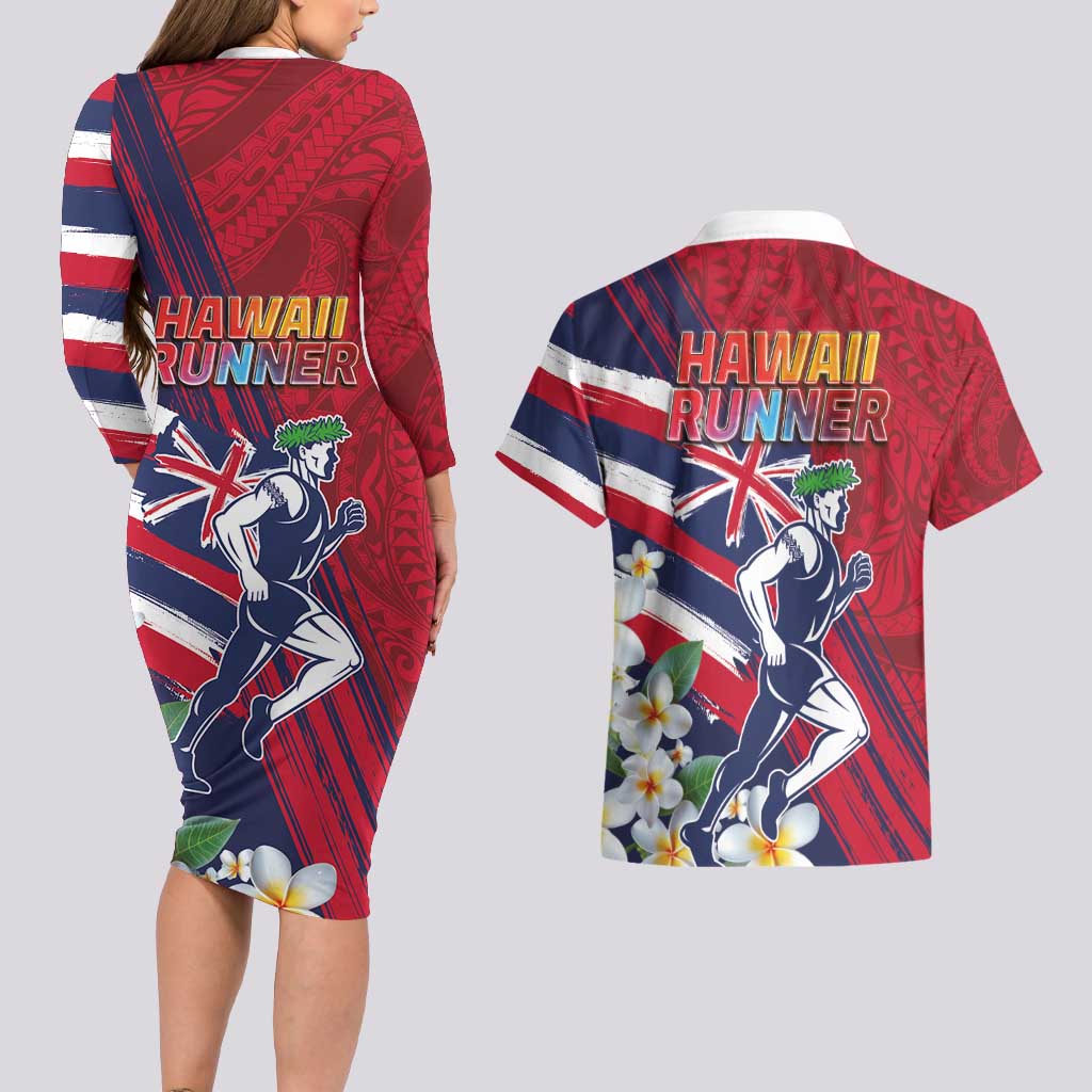 Hawaii Runner-Kakau Art with Lei and Plumeria Couples Matching Long Sleeve Bodycon Dress and Hawaiian Shirt