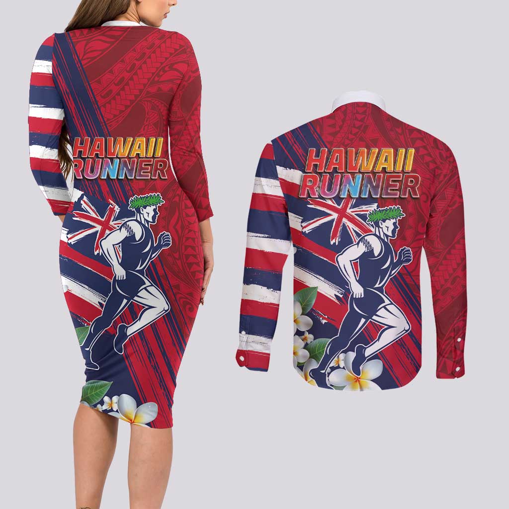 Hawaii Runner-Kakau Art with Lei and Plumeria Couples Matching Long Sleeve Bodycon Dress and Long Sleeve Button Shirt