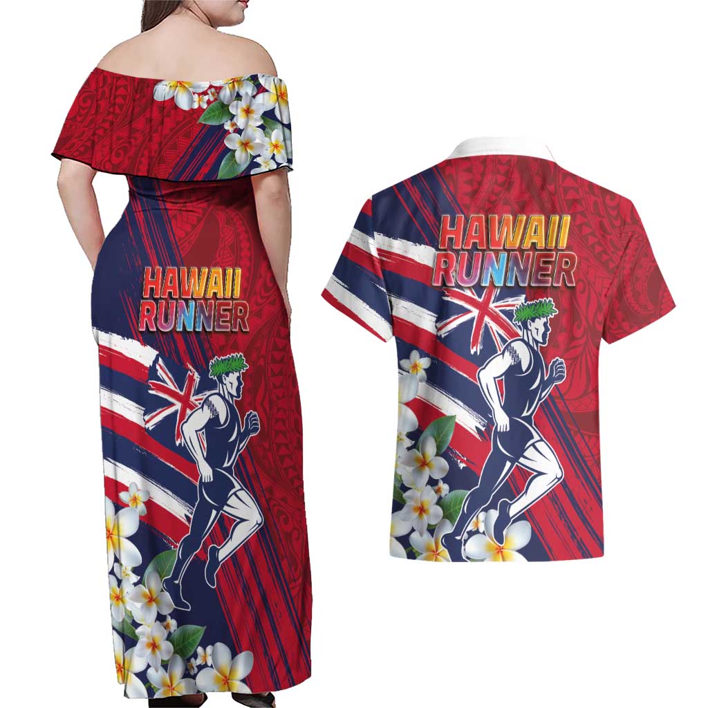 Hawaii Runner-Kakau Art with Lei and Plumeria Couples Matching Off Shoulder Maxi Dress and Hawaiian Shirt