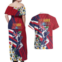 Hawaii Runner-Kakau Art with Lei and Plumeria Couples Matching Off Shoulder Maxi Dress and Hawaiian Shirt