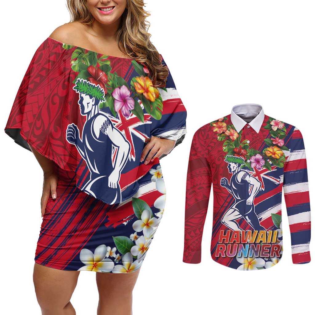 Hawaii Runner-Kakau Art with Lei and Plumeria Couples Matching Off Shoulder Short Dress and Long Sleeve Button Shirt