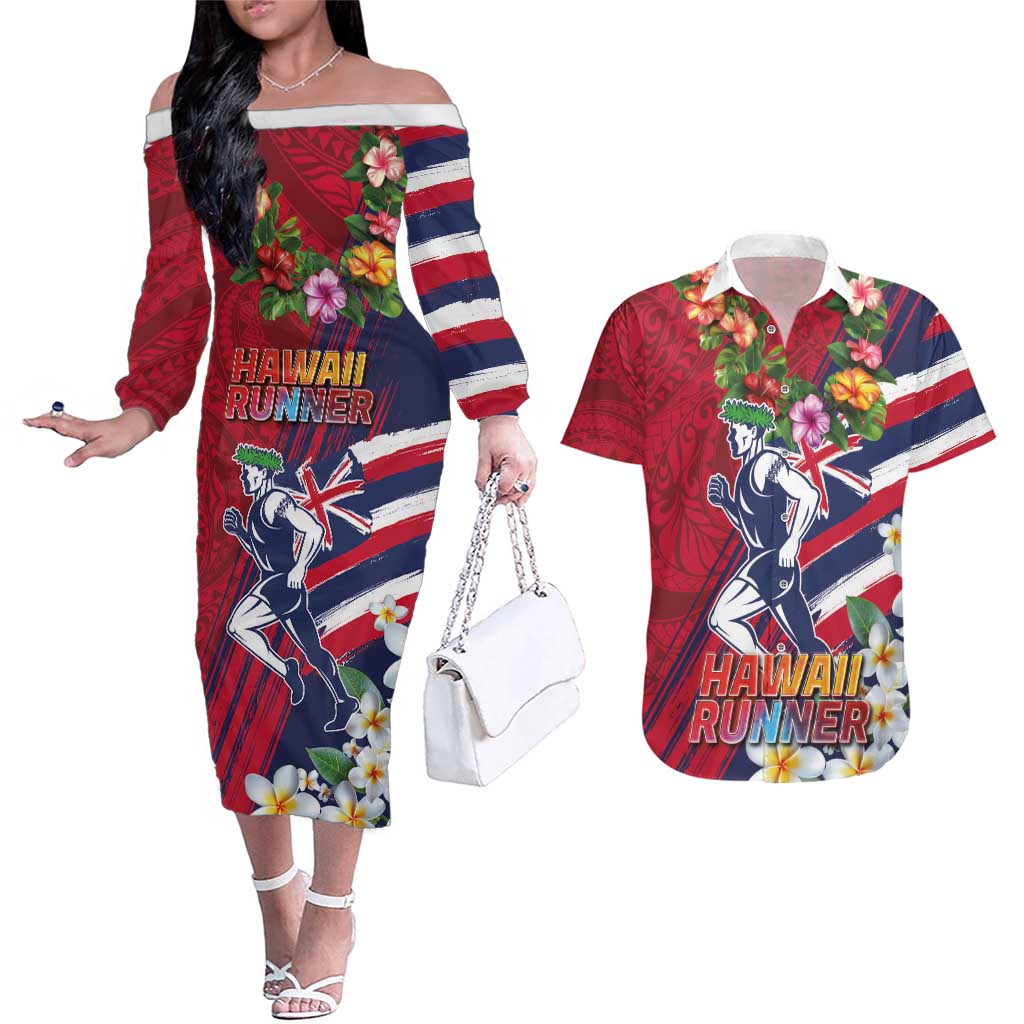 Hawaii Runner-Kakau Art with Lei and Plumeria Couples Matching Off The Shoulder Long Sleeve Dress and Hawaiian Shirt