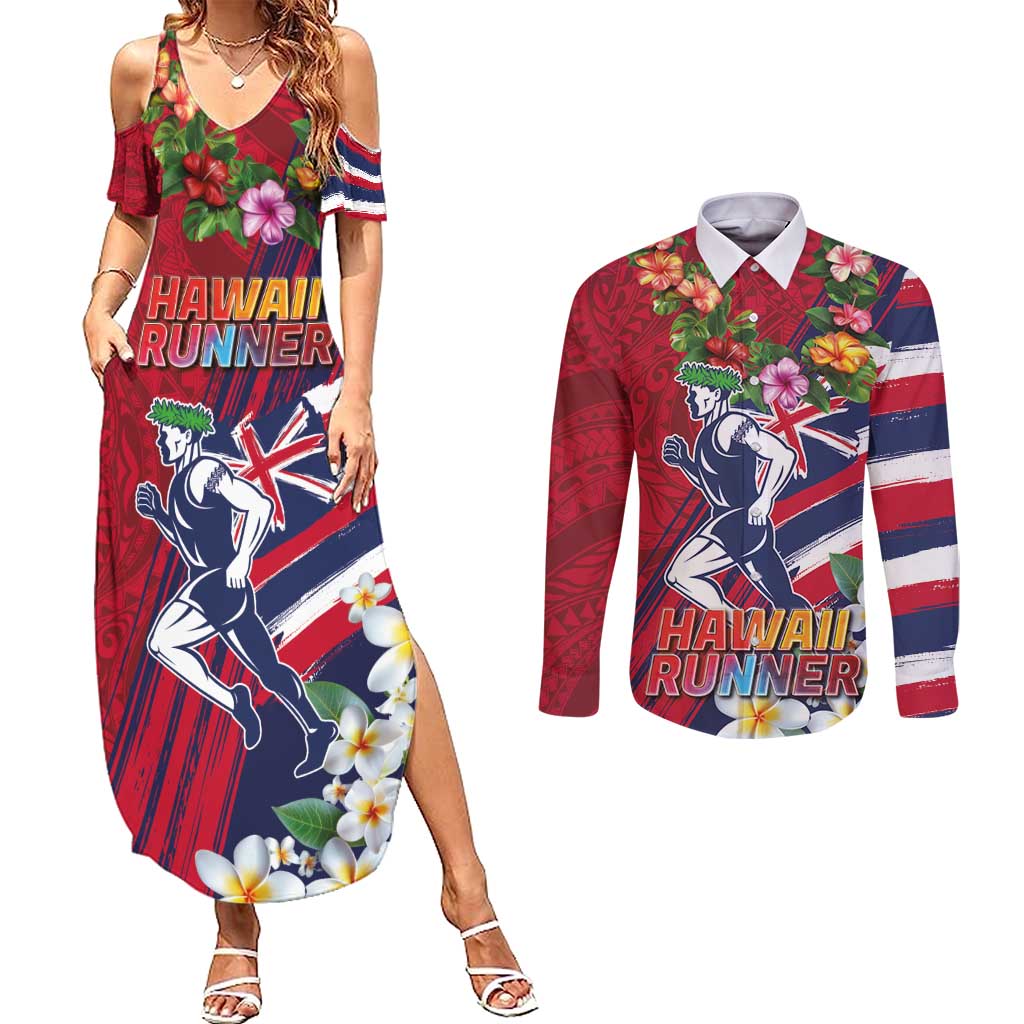 Hawaii Runner-Kakau Art with Lei and Plumeria Couples Matching Summer Maxi Dress and Long Sleeve Button Shirt