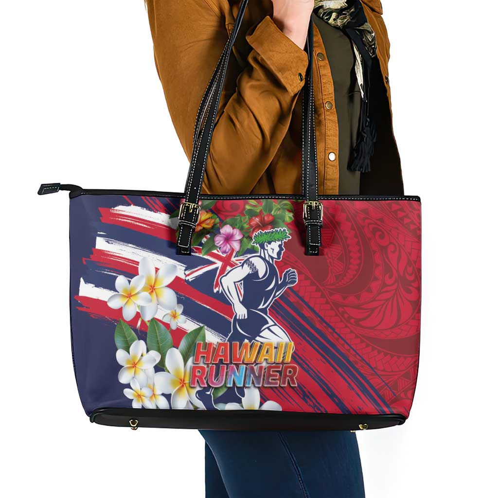 Hawaii Runner-Kakau Art with Lei and Plumeria Leather Tote Bag