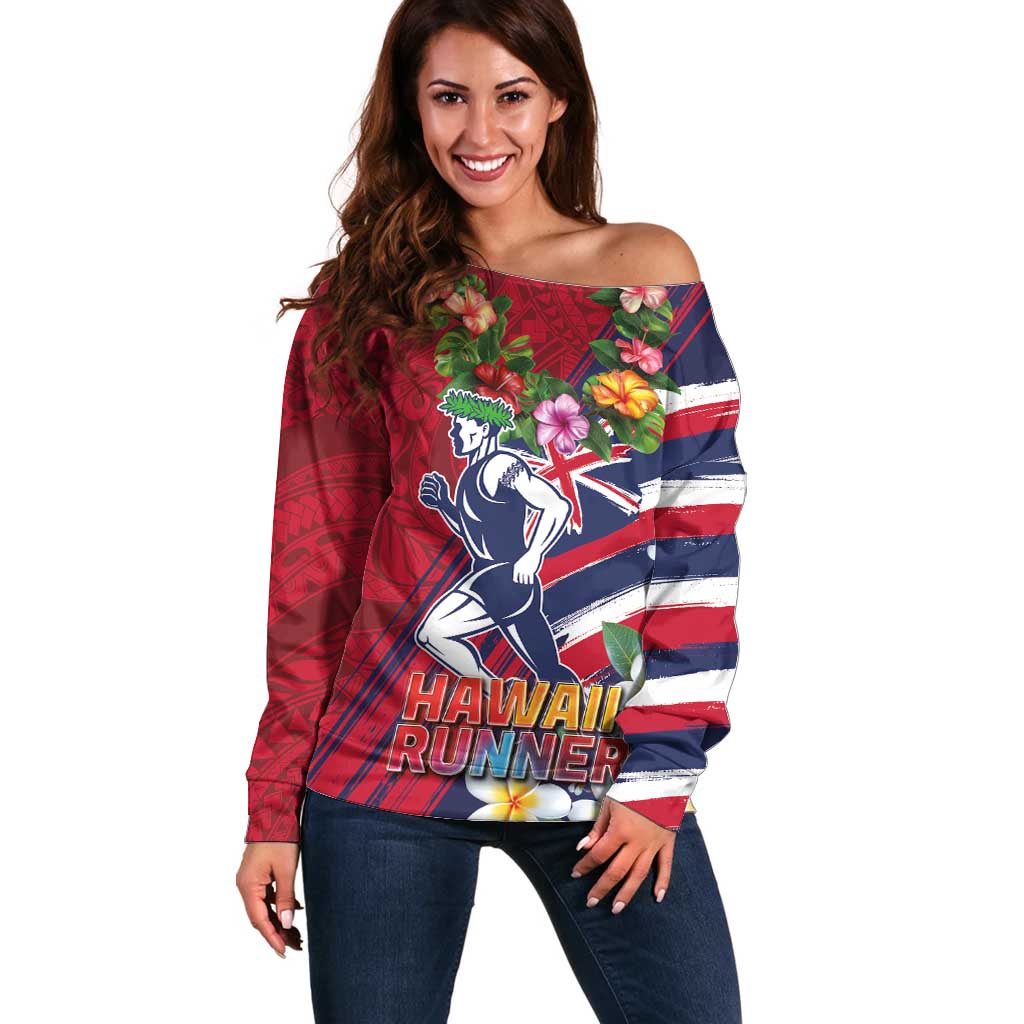 Hawaii Runner-Kakau Art with Lei and Plumeria Off Shoulder Sweater