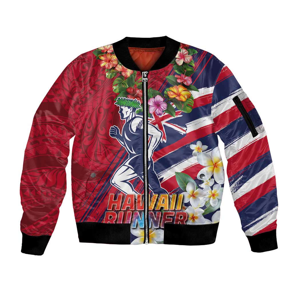 Hawaii Runner-Kakau Art with Lei and Plumeria Sleeve Zip Bomber Jacket