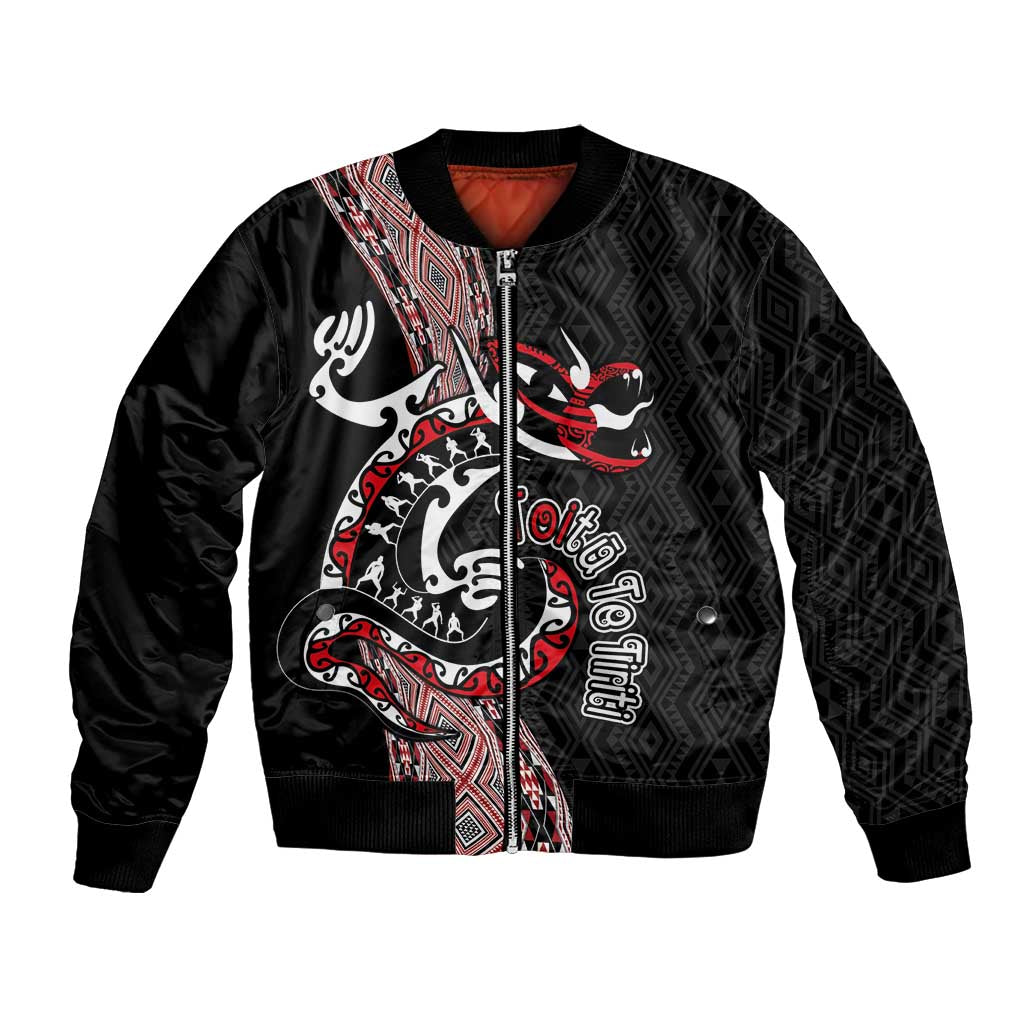 Aotearoa Toitu Te Tiriti Taniko Bomber Jacket Maori Taniwha Haka - Honour the Treaty