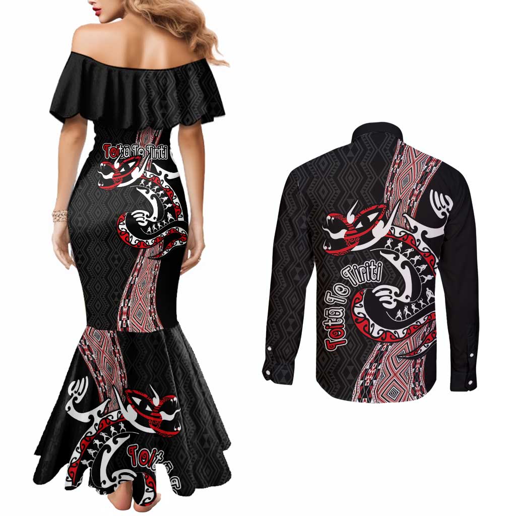 Aotearoa Toitu Te Tiriti Taniko Couples Matching Mermaid Dress and Long Sleeve Button Shirt Maori Taniwha Haka - Honour the Treaty LT03 - Polynesian Pride