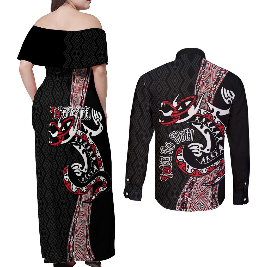 Aotearoa Toitu Te Tiriti Taniko Couples Matching Off Shoulder Maxi Dress and Long Sleeve Button Shirt Maori Taniwha Haka - Honour the Treaty LT03 - Polynesian Pride