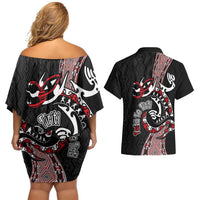 Aotearoa Toitu Te Tiriti Taniko Couples Matching Off Shoulder Short Dress and Hawaiian Shirt Maori Taniwha Haka - Honour the Treaty