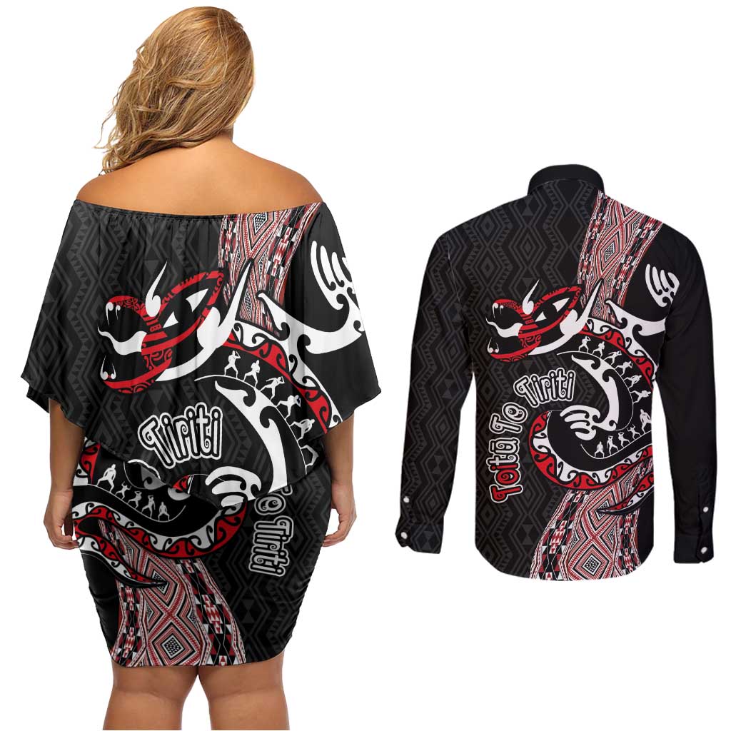 Aotearoa Toitu Te Tiriti Taniko Couples Matching Off Shoulder Short Dress and Long Sleeve Button Shirt Maori Taniwha Haka - Honour the Treaty LT03 - Polynesian Pride