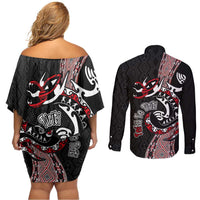 Aotearoa Toitu Te Tiriti Taniko Couples Matching Off Shoulder Short Dress and Long Sleeve Button Shirt Maori Taniwha Haka - Honour the Treaty LT03 - Polynesian Pride