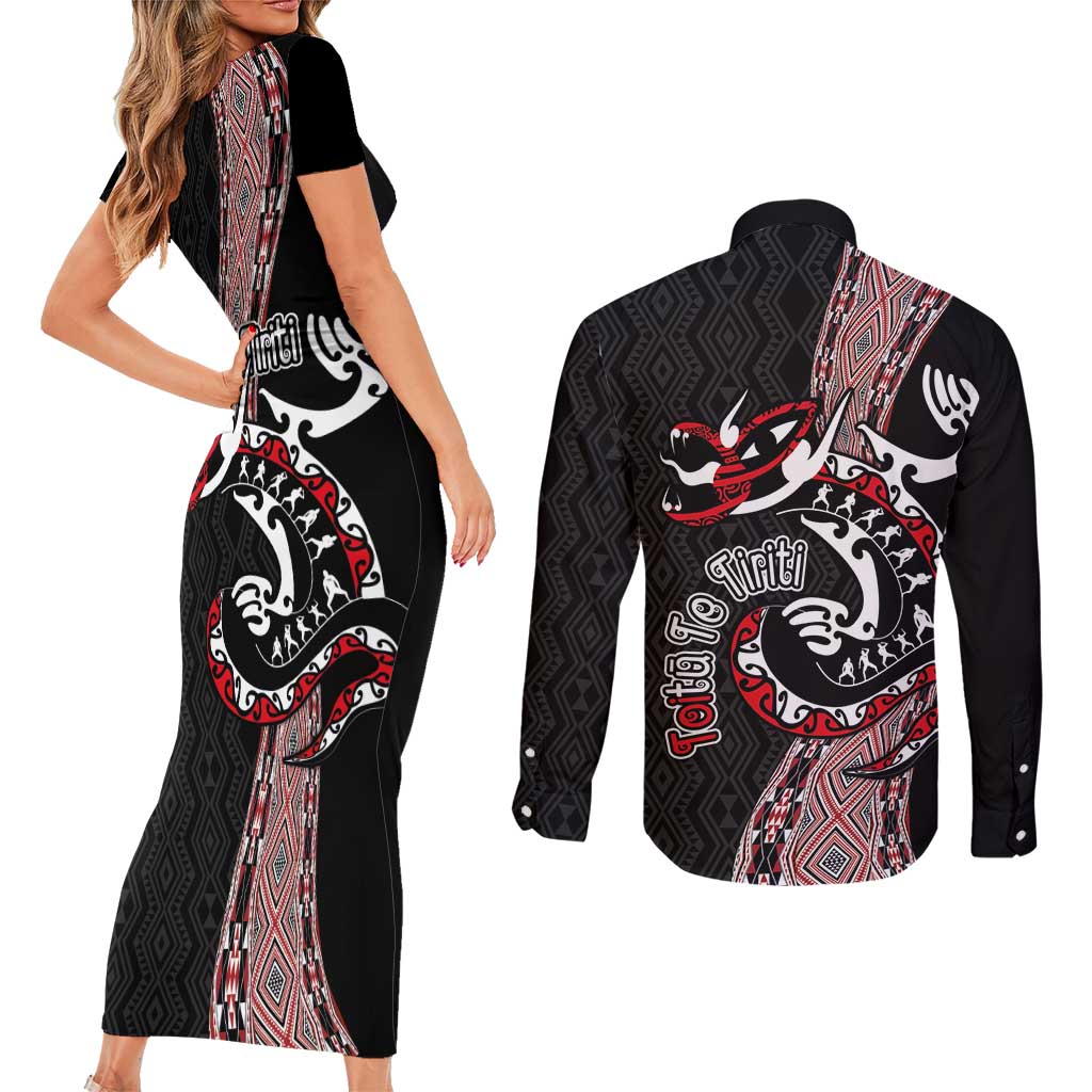 Aotearoa Toitu Te Tiriti Taniko Couples Matching Short Sleeve Bodycon Dress and Long Sleeve Button Shirt Maori Taniwha Haka - Honour the Treaty LT03 - Polynesian Pride