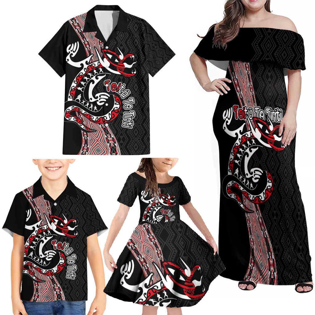 Aotearoa Toitu Te Tiriti Taniko Family Matching Off Shoulder Maxi Dress and Hawaiian Shirt Maori Taniwha Haka - Honour the Treaty