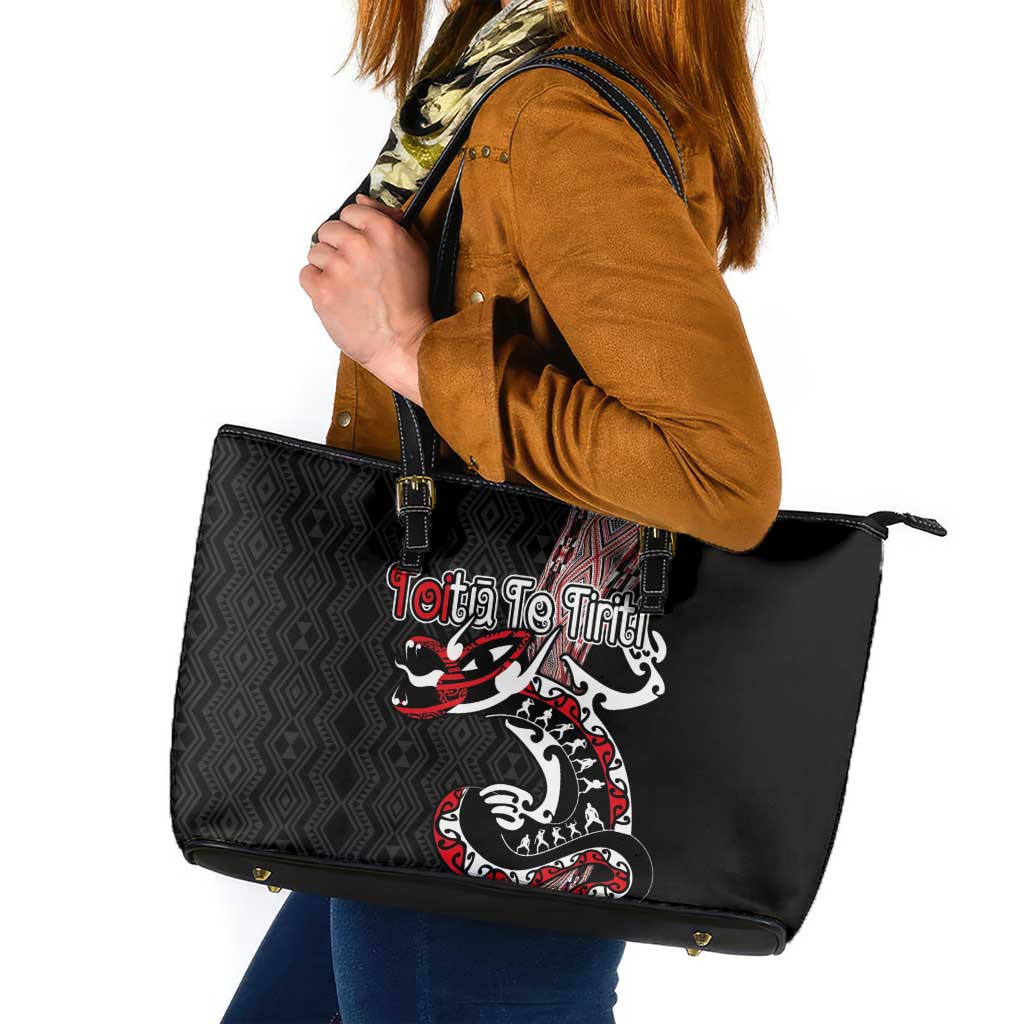 Aotearoa Toitu Te Tiriti Taniko Leather Tote Bag Maori Taniwha Haka - Honour the Treaty