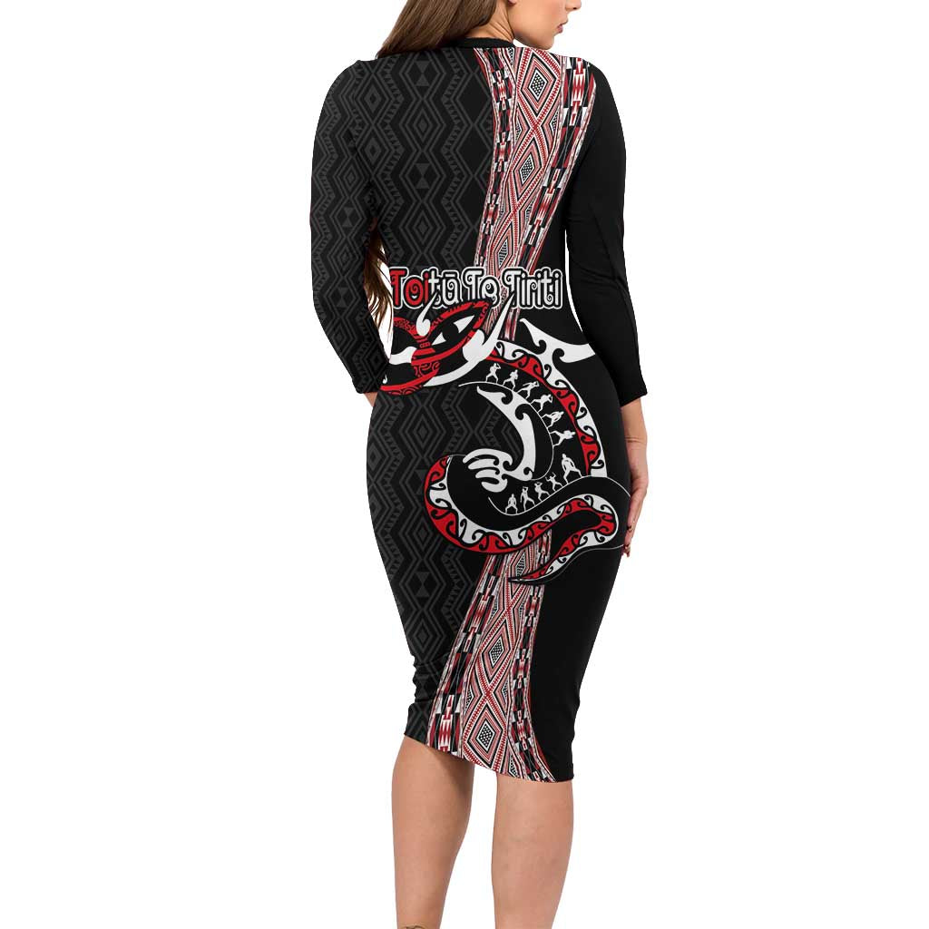Aotearoa Toitu Te Tiriti Taniko Long Sleeve Bodycon Dress Maori Taniwha Haka - Honour the Treaty LT03 - Polynesian Pride
