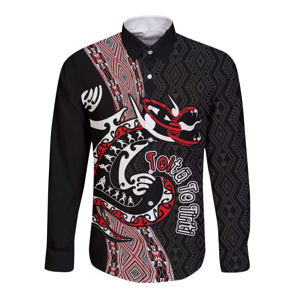 Aotearoa Toitu Te Tiriti Taniko Long Sleeve Button Shirt Maori Taniwha Haka - Honour the Treaty