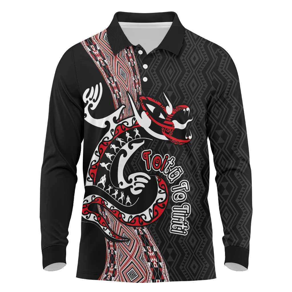 Aotearoa Toitu Te Tiriti Taniko Long Sleeve Polo Shirt Maori Taniwha Haka - Honour the Treaty