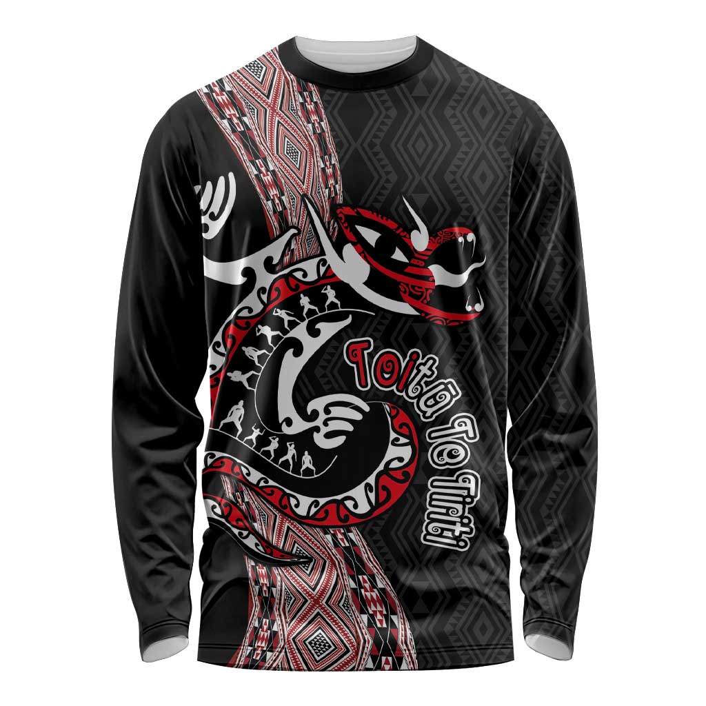 Aotearoa Toitu Te Tiriti Taniko Long Sleeve Shirt Maori Taniwha Haka - Honour the Treaty