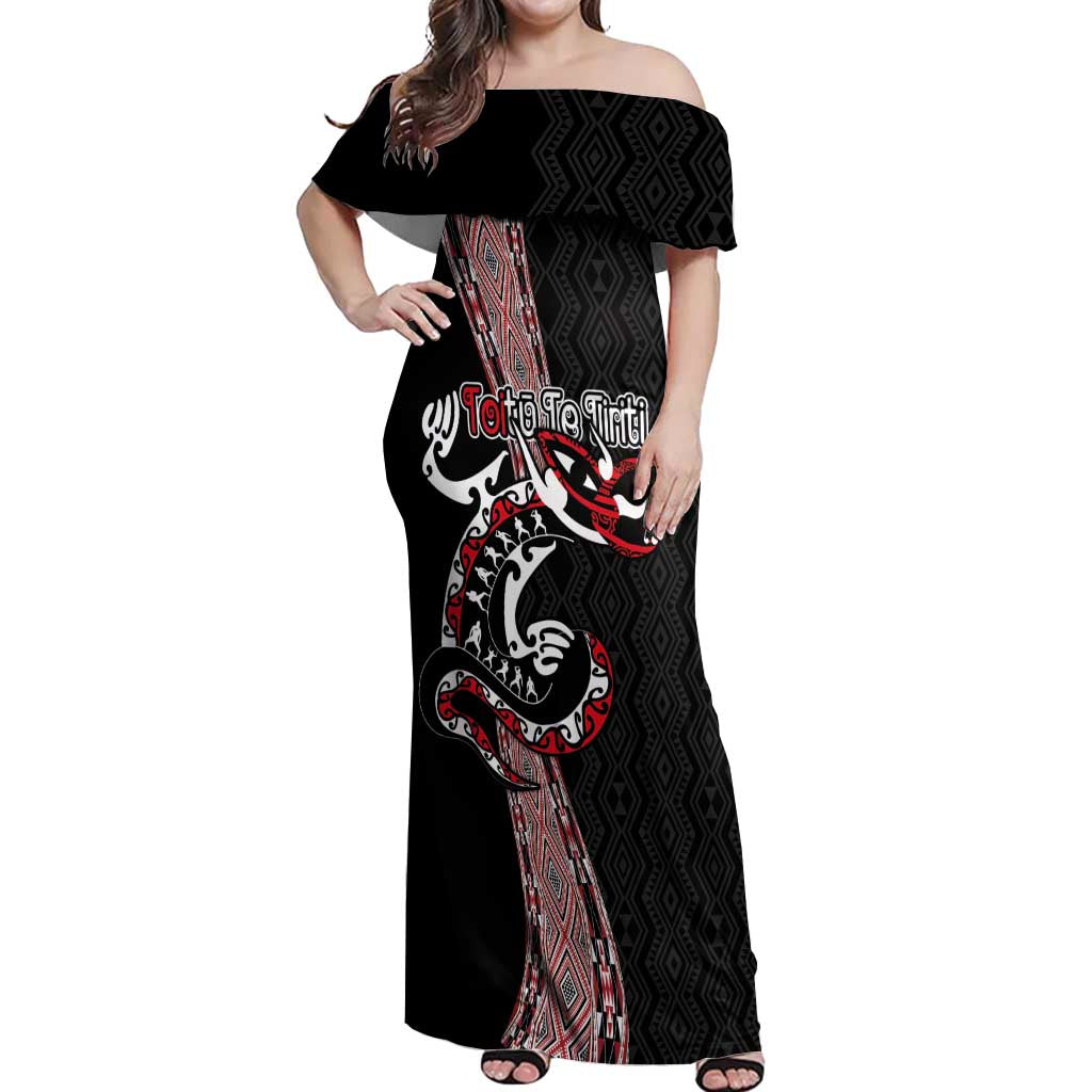 Aotearoa Toitu Te Tiriti Taniko Off Shoulder Maxi Dress Maori Taniwha Haka - Honour the Treaty LT03 Women Black - Polynesian Pride