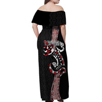 Aotearoa Toitu Te Tiriti Taniko Off Shoulder Maxi Dress Maori Taniwha Haka - Honour the Treaty LT03 - Polynesian Pride