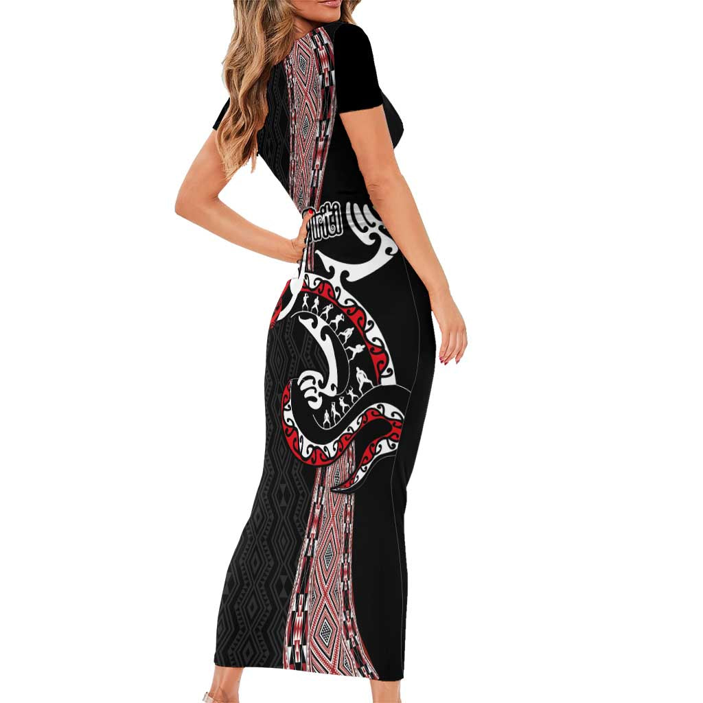 Aotearoa Toitu Te Tiriti Taniko Short Sleeve Bodycon Dress Maori Taniwha Haka - Honour the Treaty LT03 - Polynesian Pride