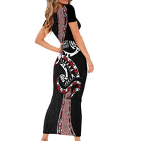 Aotearoa Toitu Te Tiriti Taniko Short Sleeve Bodycon Dress Maori Taniwha Haka - Honour the Treaty LT03 - Polynesian Pride