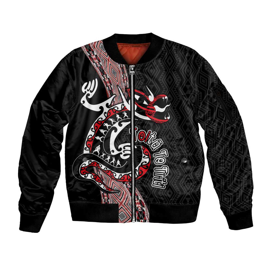 Aotearoa Toitu Te Tiriti Taniko Sleeve Zip Bomber Jacket Maori Taniwha Haka - Honour the Treaty