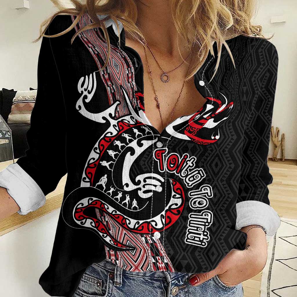 Aotearoa Toitu Te Tiriti Taniko Women Casual Shirt Maori Taniwha Haka - Honour the Treaty