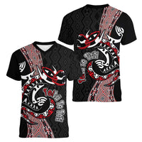 Aotearoa Toitu Te Tiriti Taniko Women V-Neck T-Shirt Maori Taniwha Haka - Honour the Treaty LT03 - Polynesian Pride