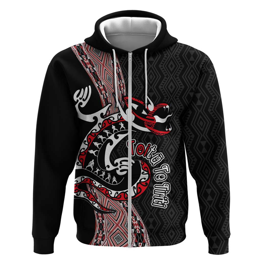 Aotearoa Toitu Te Tiriti Taniko Zip Hoodie Maori Taniwha Haka - Honour the Treaty LT03 Zip Hoodie Black - Polynesian Pride