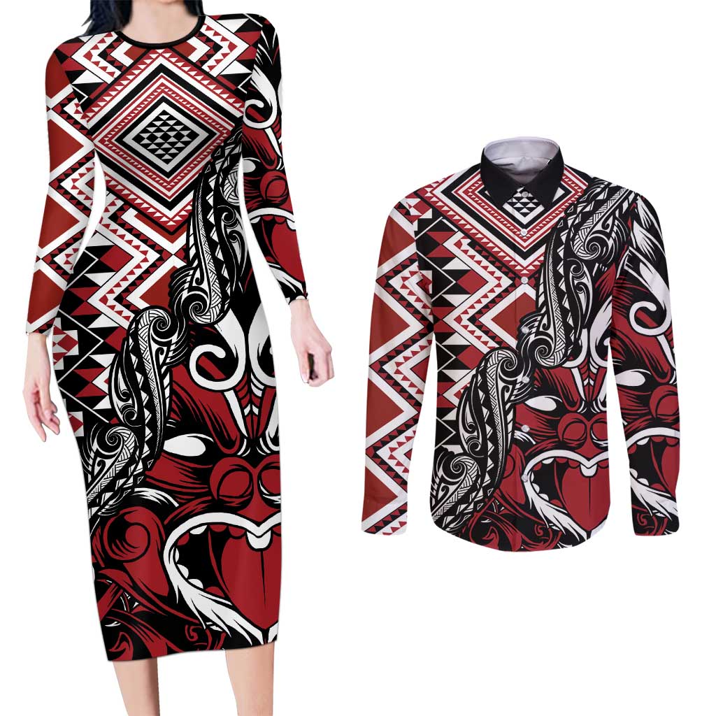 Aotearoa Maori Moko Art with Taniko Half Style Couples Matching Long Sleeve Bodycon Dress and Long Sleeve Button Shirt