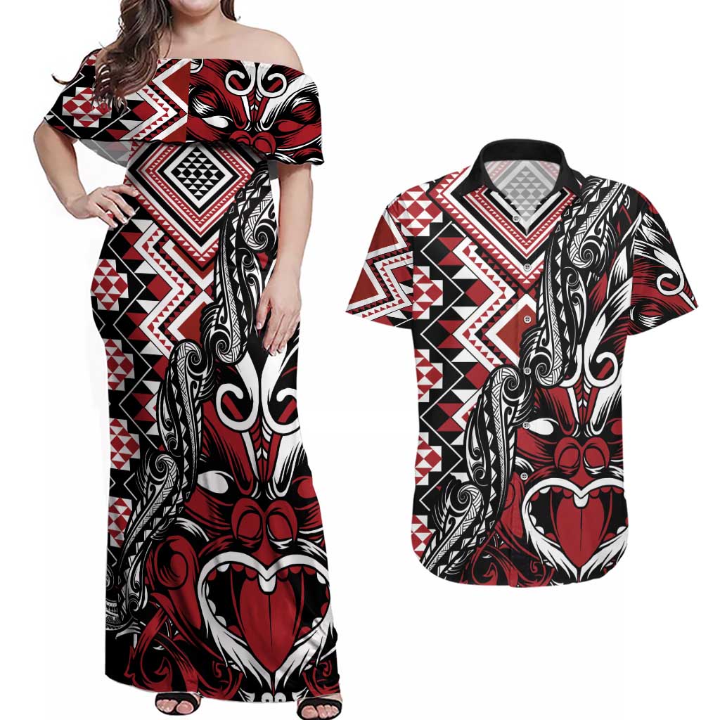 Aotearoa Maori Moko Art with Taniko Half Style Couples Matching Off Shoulder Maxi Dress and Hawaiian Shirt