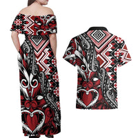 Aotearoa Maori Moko Art with Taniko Half Style Couples Matching Off Shoulder Maxi Dress and Hawaiian Shirt