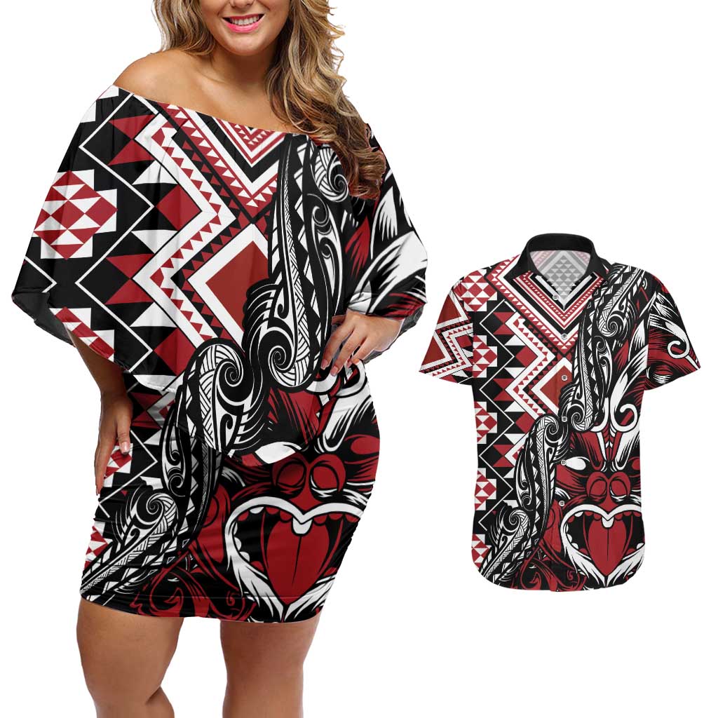 Aotearoa Maori Moko Art with Taniko Half Style Couples Matching Off Shoulder Short Dress and Hawaiian Shirt