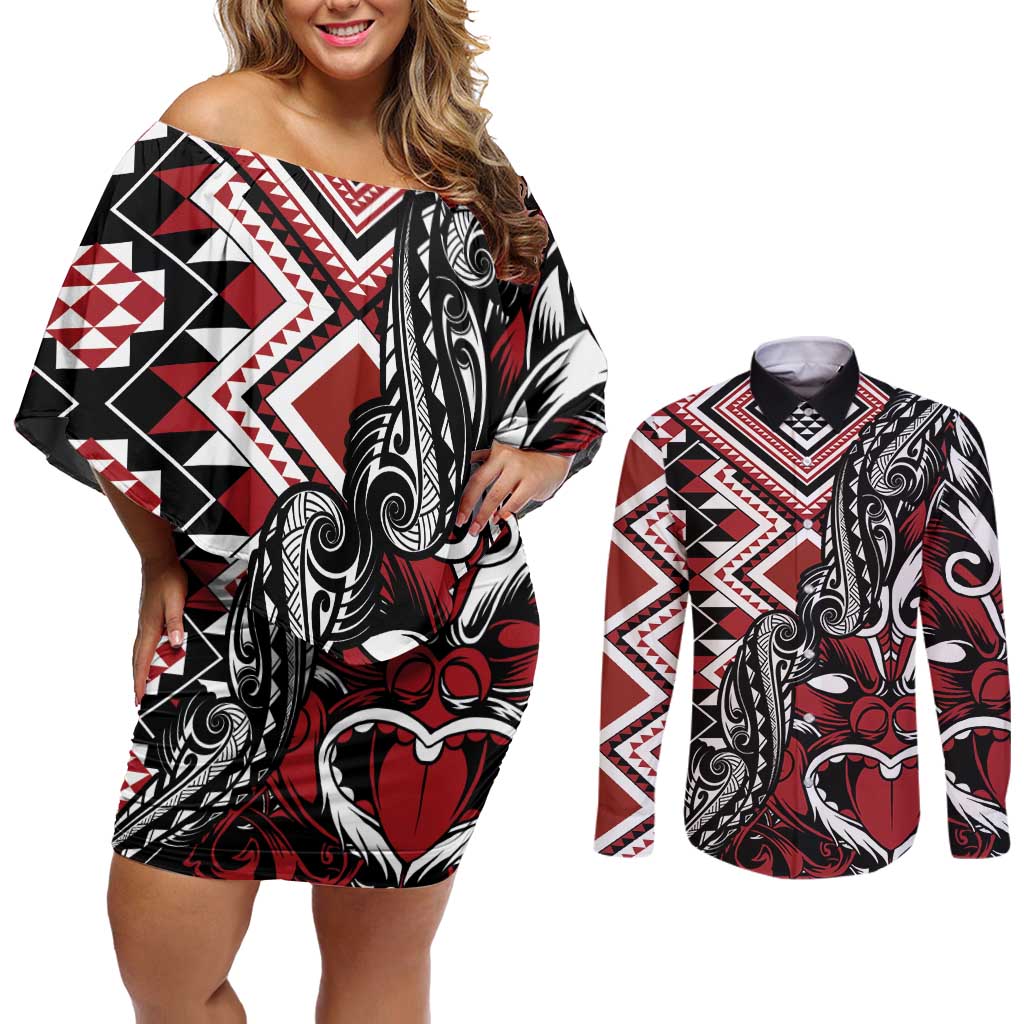 Aotearoa Maori Moko Art with Taniko Half Style Couples Matching Off Shoulder Short Dress and Long Sleeve Button Shirt